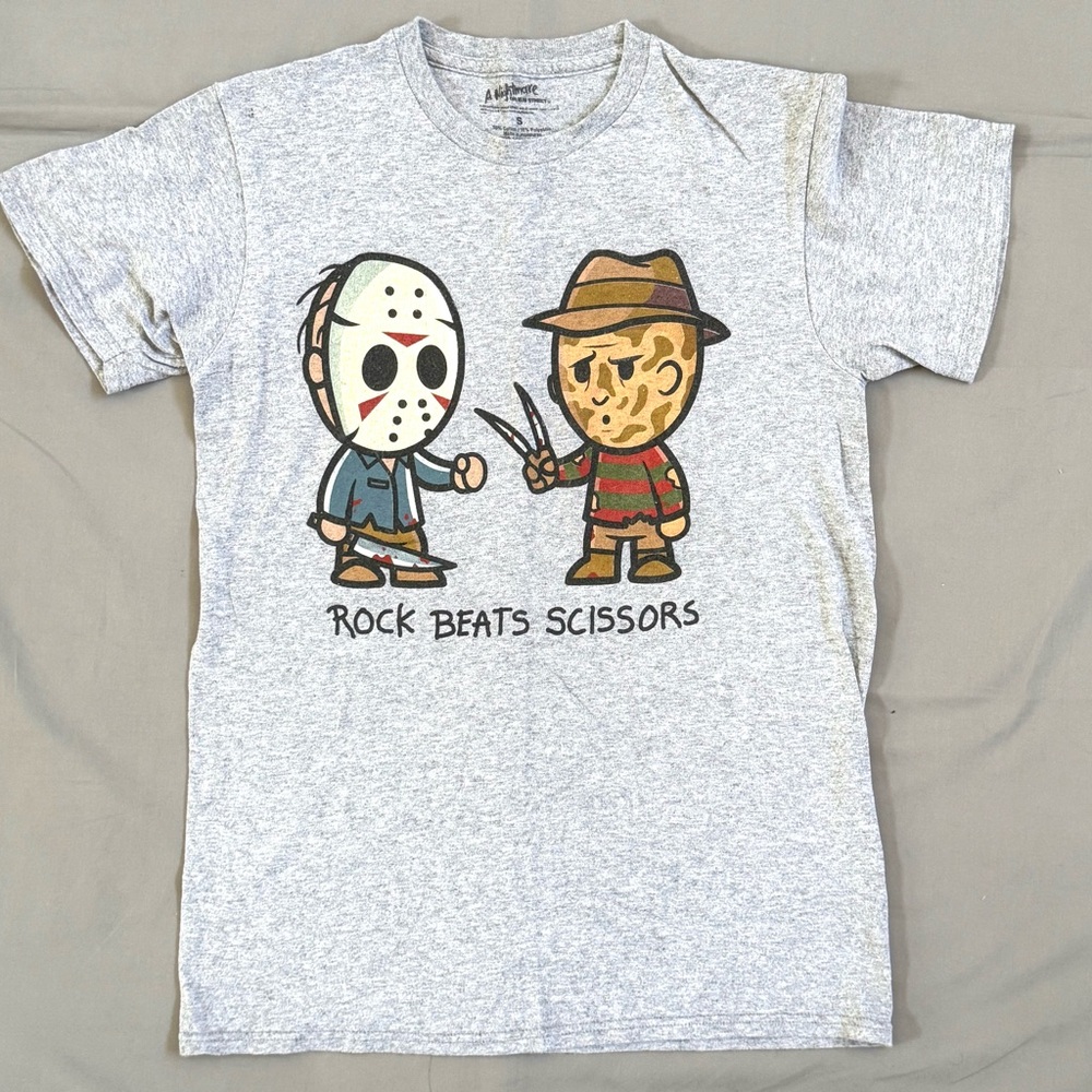 a nightmare on elm street Freddy And Jason Rock Beats Scissors Tshirt Size Small